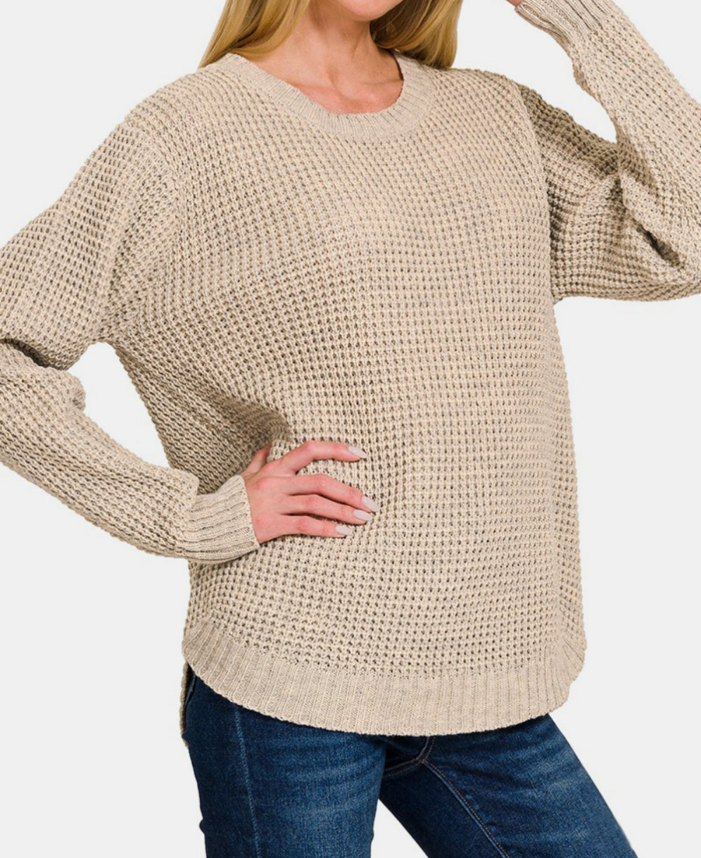 Zenana High Low Long Sleeve Waffle Sweater