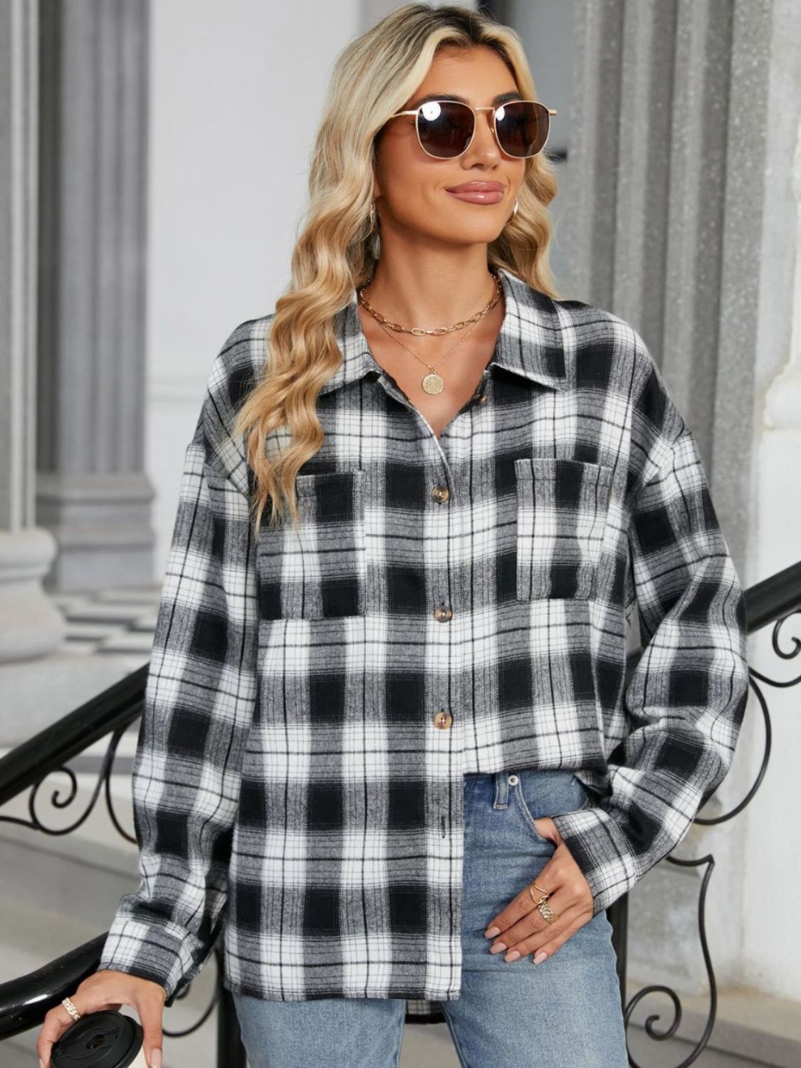 Plaid Collared Neck Long Sleeve Shirt